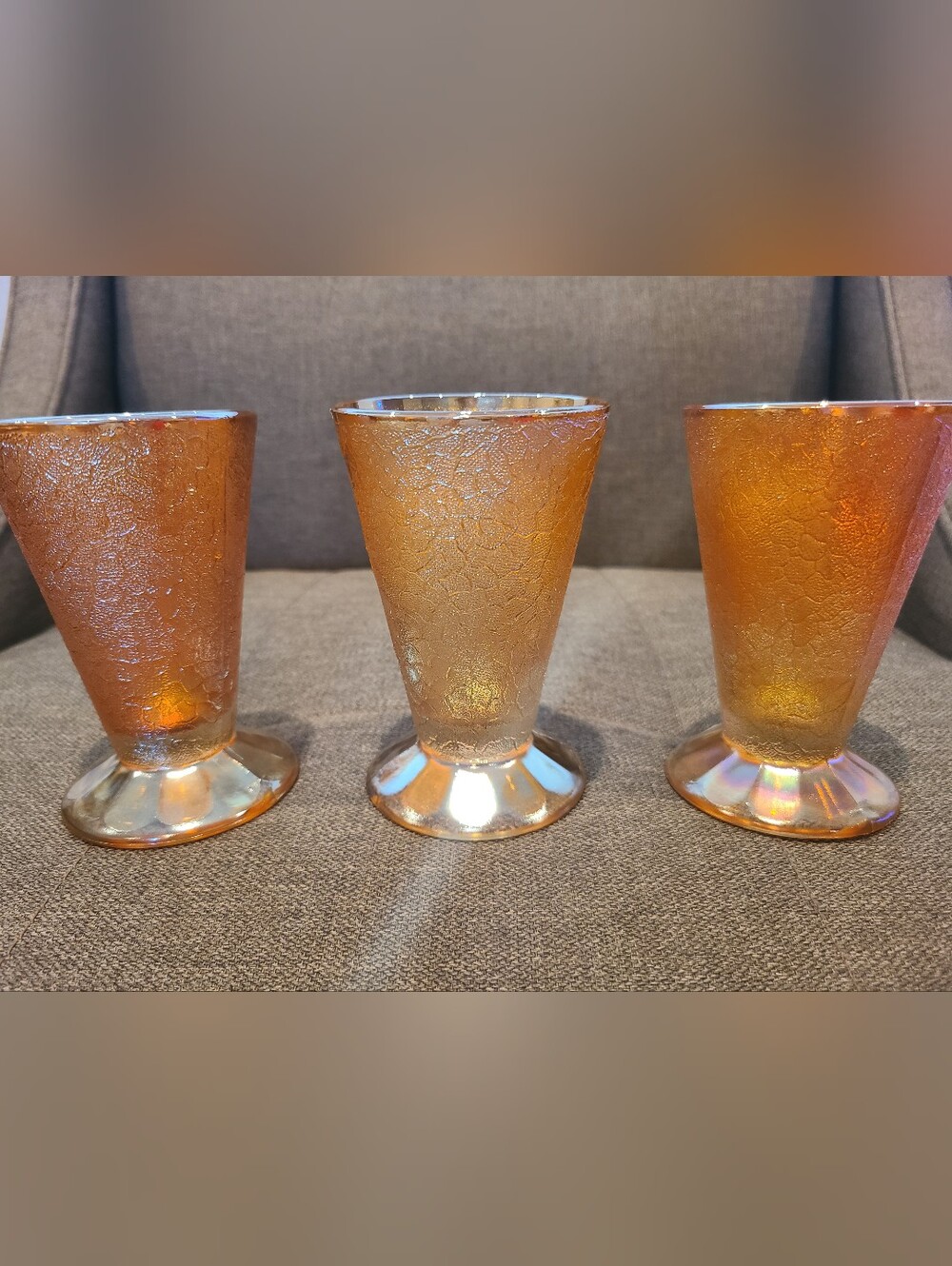 Vintage Jeannette Glass Co. marigold carnival crackle glass - set of 3